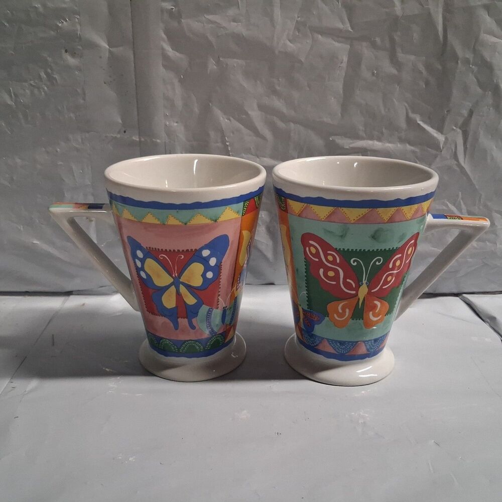 VINTAGE Style Eyes: (2) Baum Bros Coffee Tea Painted Art Cups Butterfly's